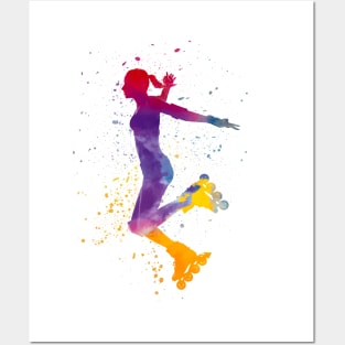 Woman in roller skates  in watercolor Posters and Art